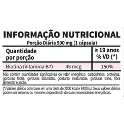Biotina 500mg com 30 Cápsulas dose máxima Katiguá